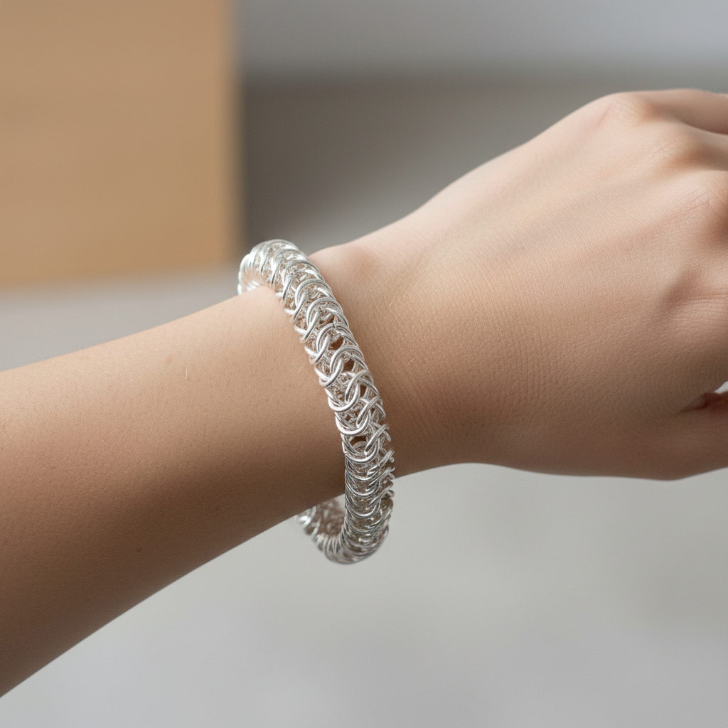 Person wearing Box Weave Chainmaille Sterling Silver Bracelet