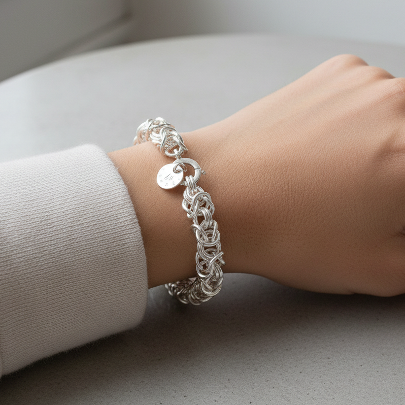 Person wearing Byzantine Unisex Sterling Silver Bracelet - square