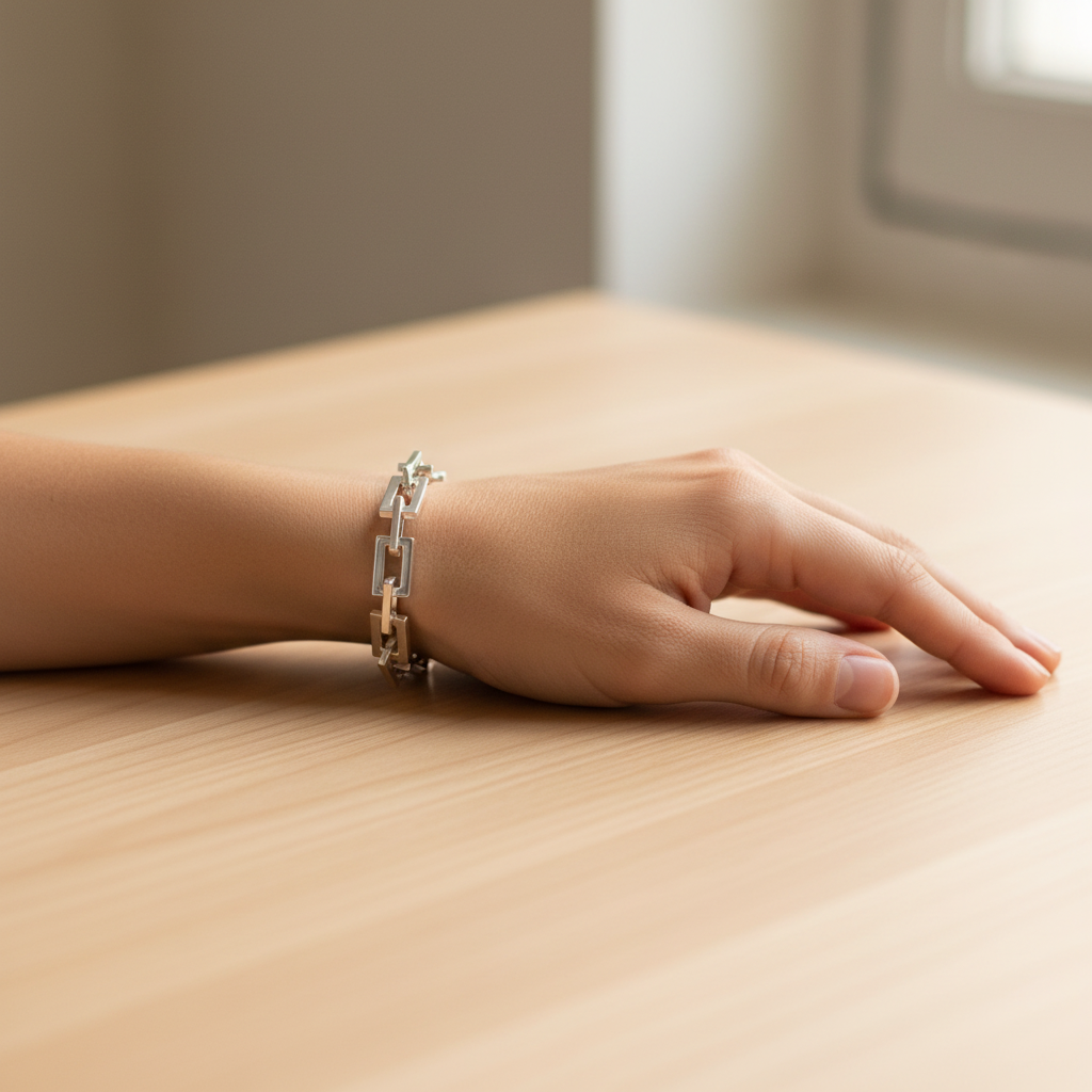 Person wearing Chunky Rectangular Link Chain Unisex Sterling Silver Bracelet - square