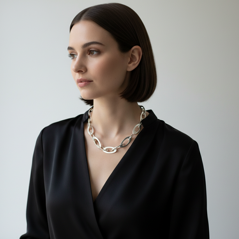 Person wearing Chunky Sterling Silver Unisex Oval Chain Necklace - alternate angle