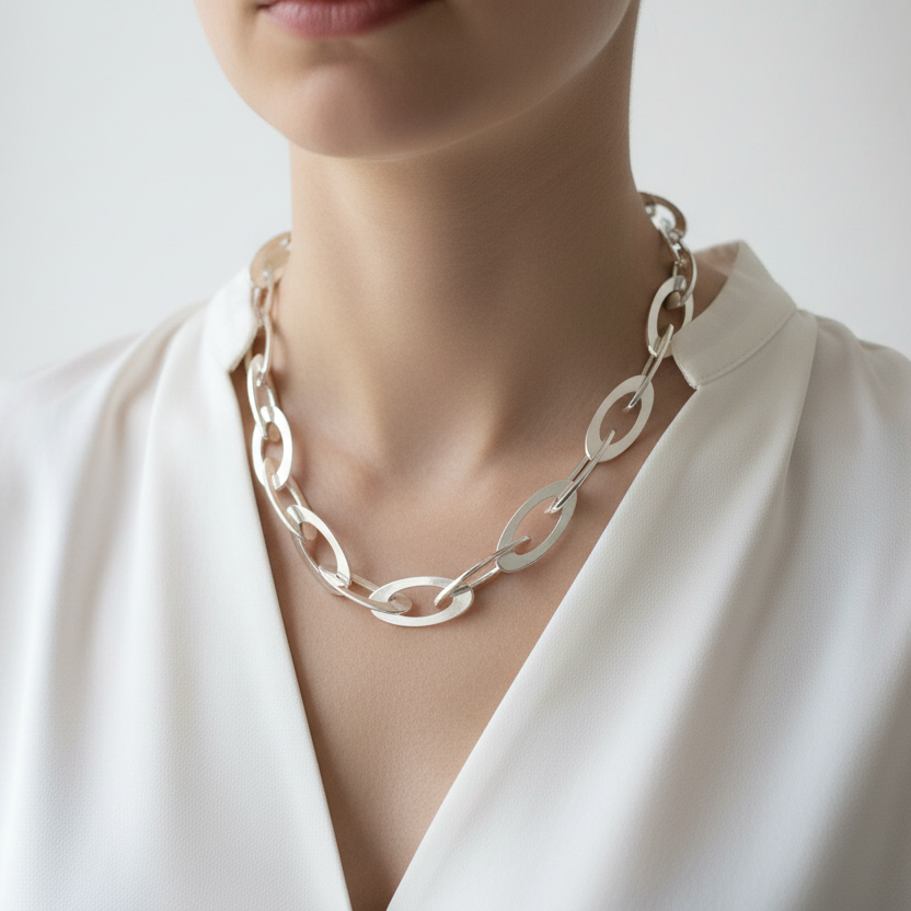 Person wearing Chunky Sterling Silver Unisex Oval Chain Necklace