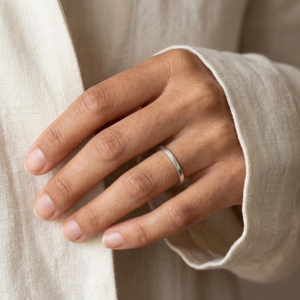 Plain silver band on a slender hand gently holding a linen sleeve