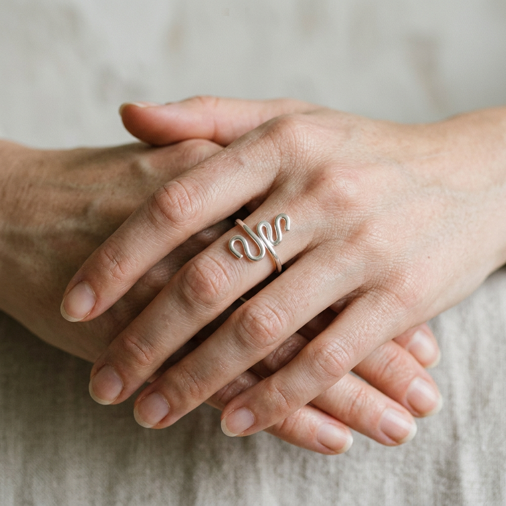 Polished silver snake ring on gently clasped slender hands