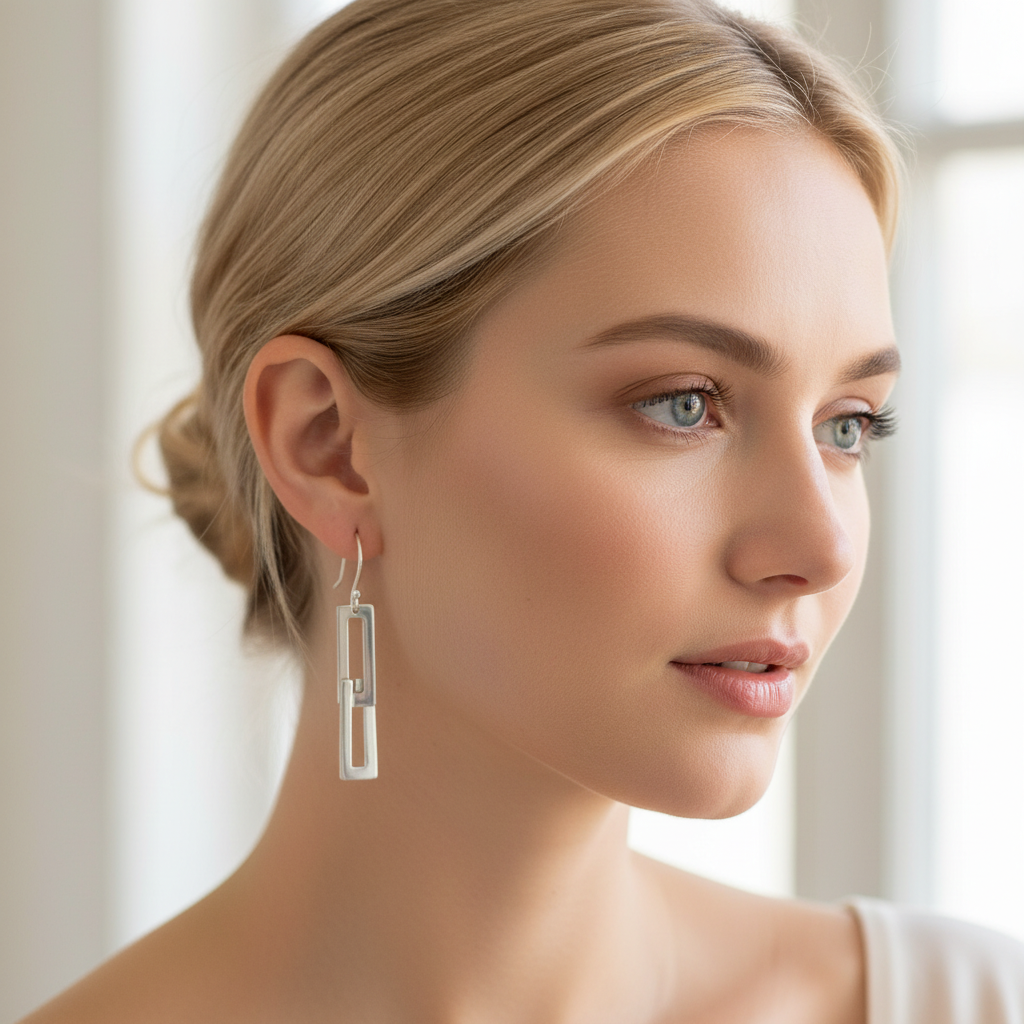 Rectangular Link Earrings - Blonde Model