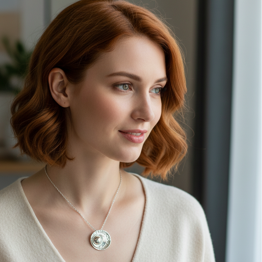 Red-haired woman wearing Eclipse Sterling Silver Pendant