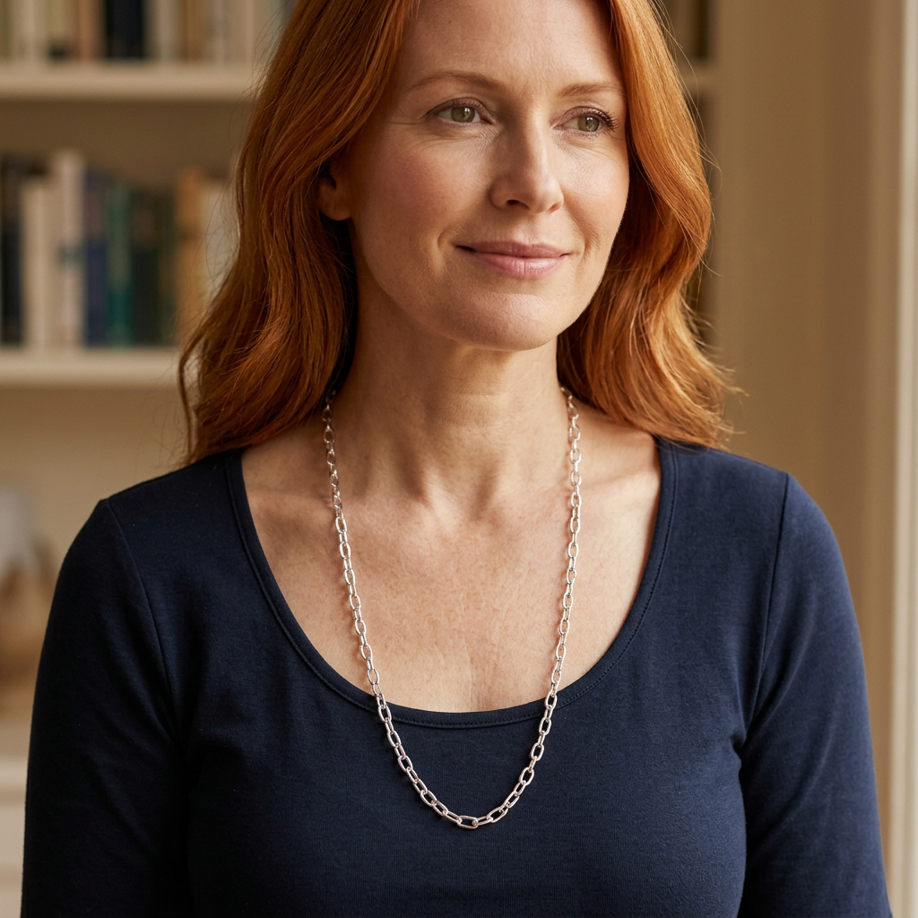 Red-haired woman wearing the short-link paperclip necklace