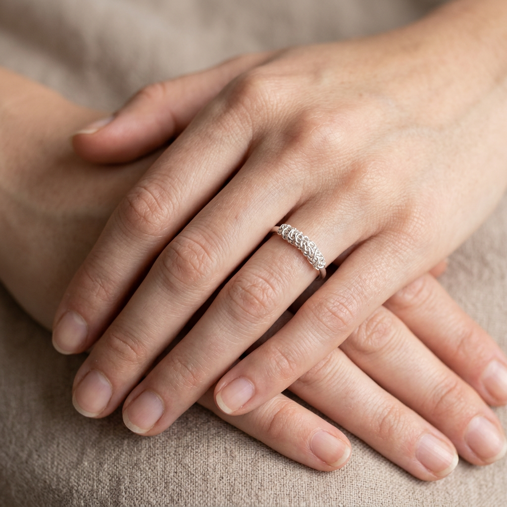 Revised chain-wrapped silver ring on slender hands