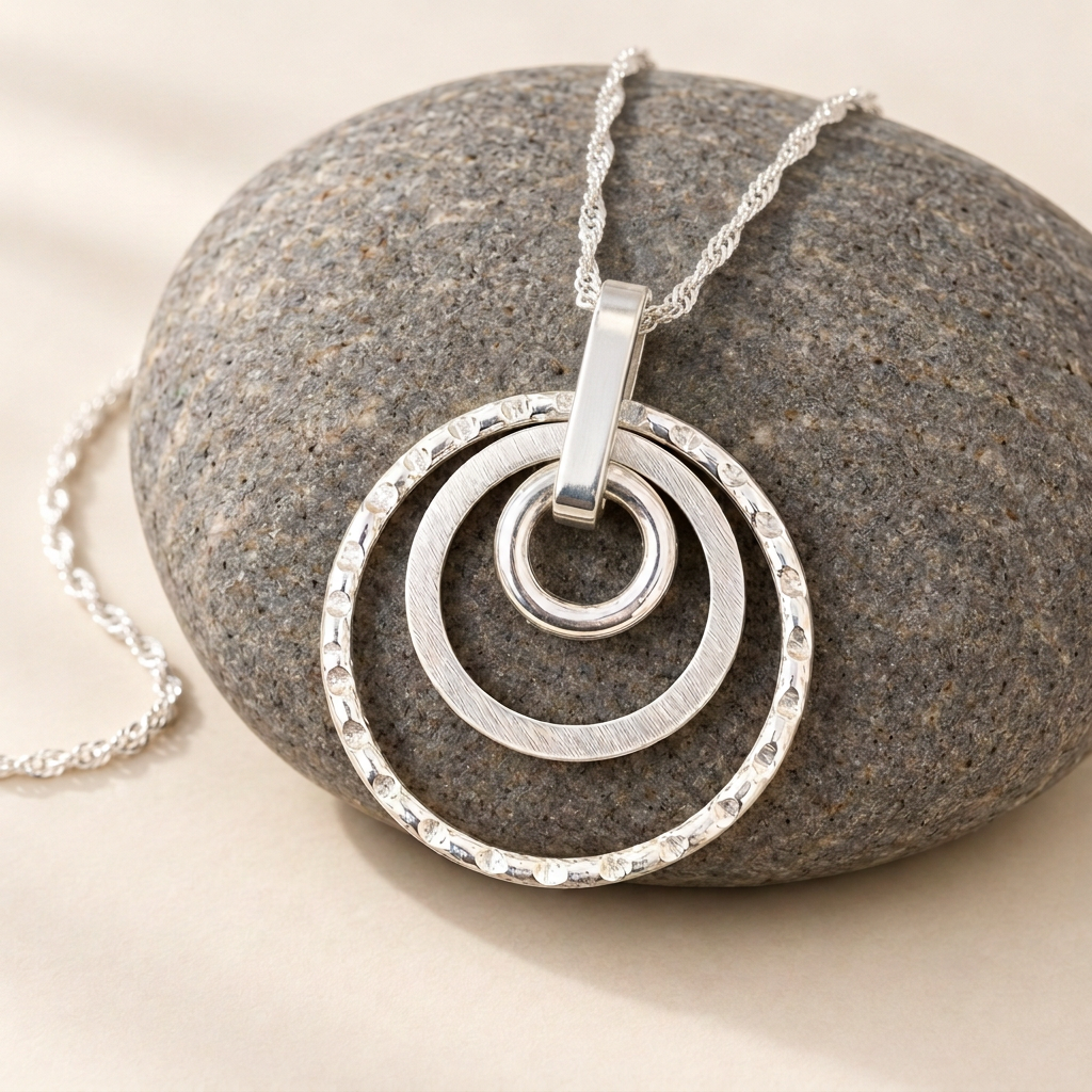 Ripples pendant with narrower bail and fine twisted chain on pebble
