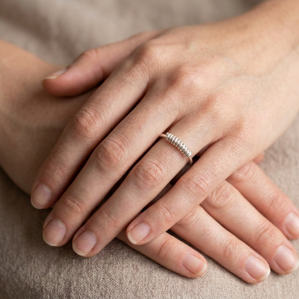 Round-wire-wrapped silver ring on slender hands, with one hand resting over the other