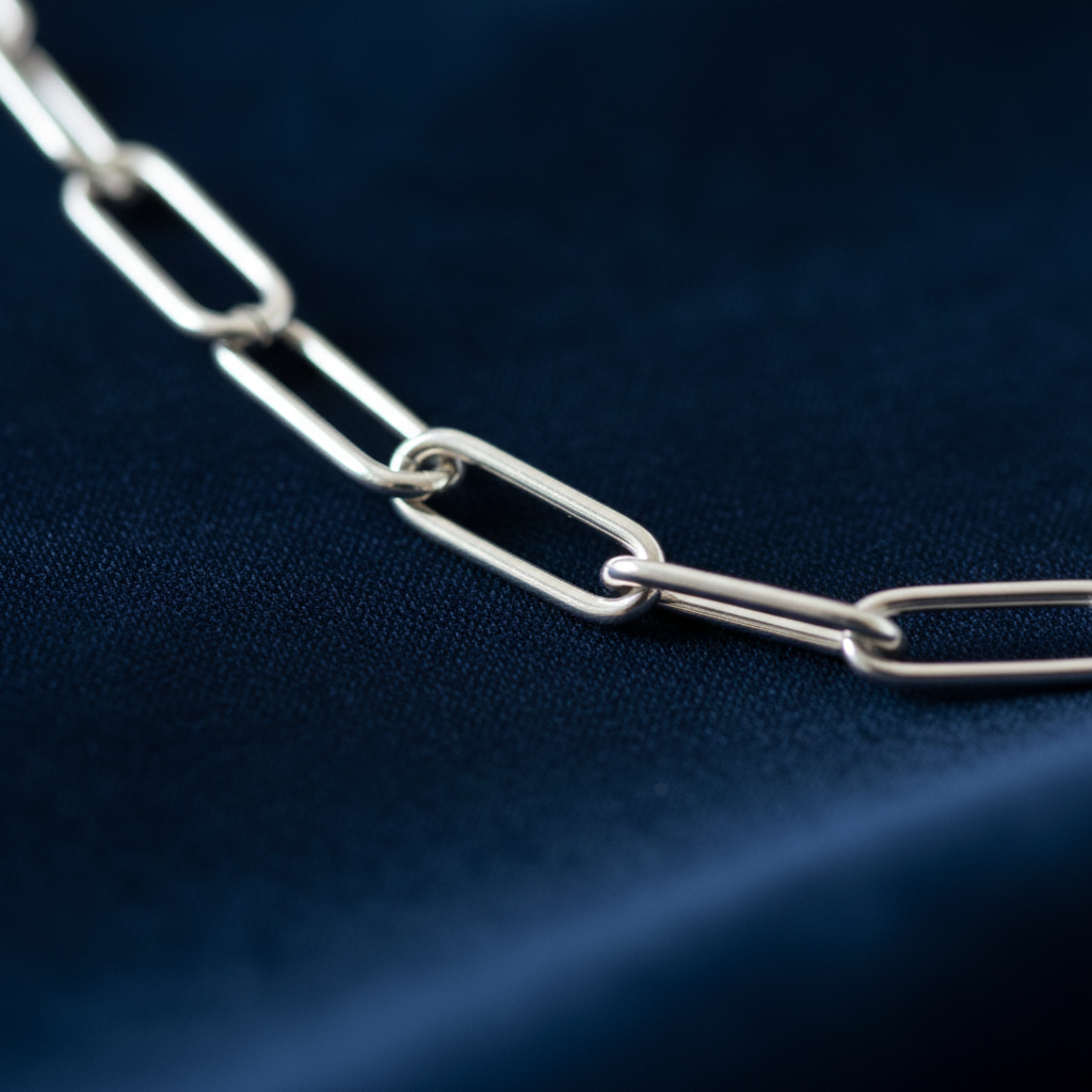 Section of paperclip chain necklace on navy fabric