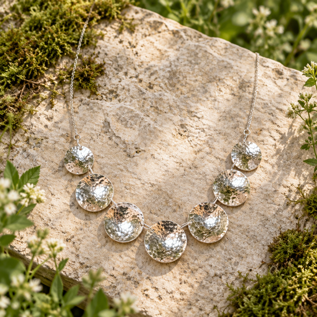 Silver necklace on limestone in a garden