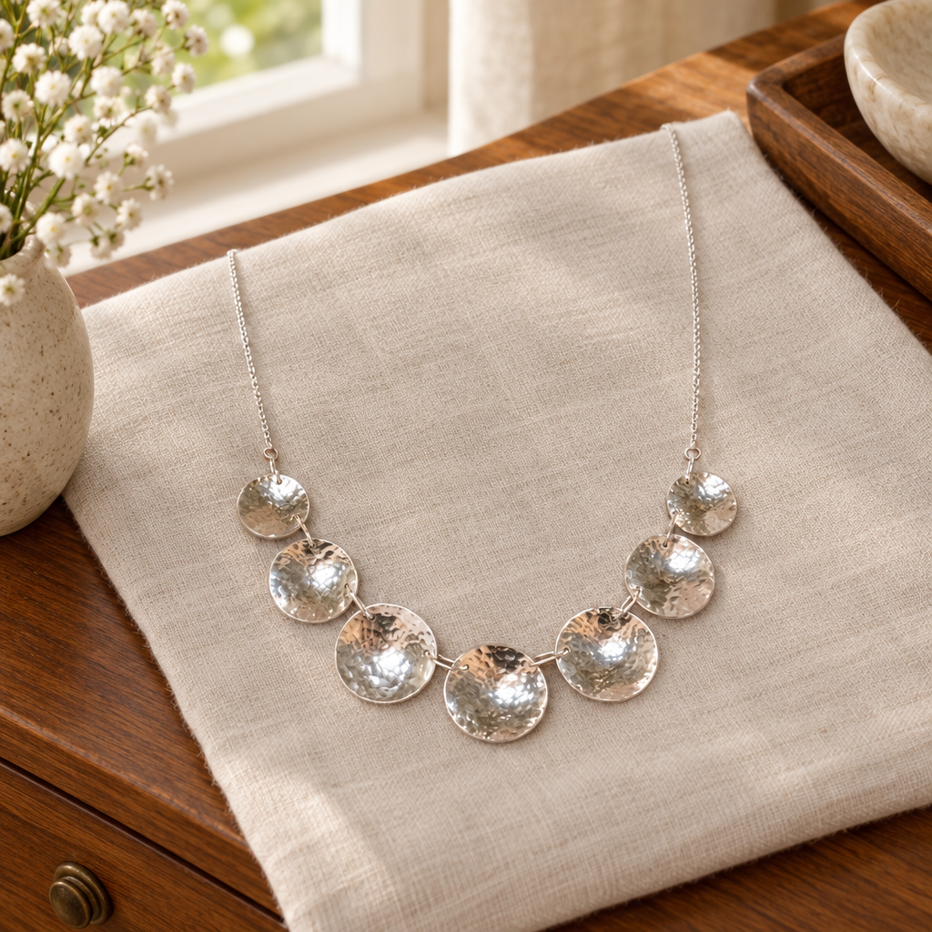 Silver necklace on linen in a softly lit room