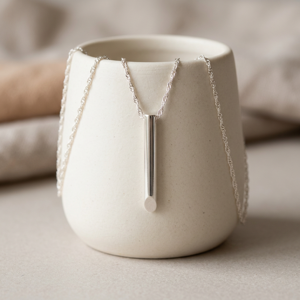 Silver rod pendant draped over ceramic