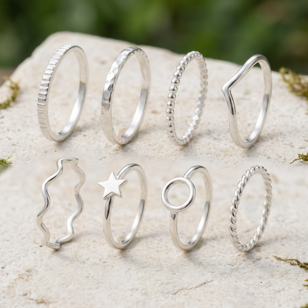 Stacking ring range on pale outdoor stone with soft greenery