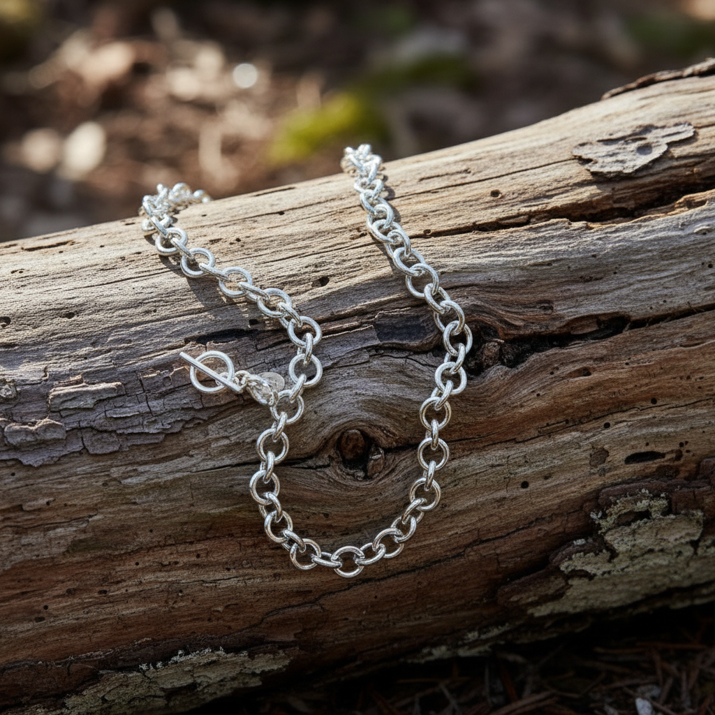 Sterling Silver Necklace Draped Over Log