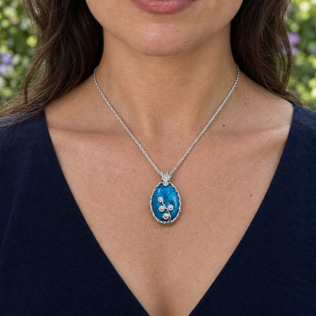Turquoise daisy necklace with a finer chain, first revision