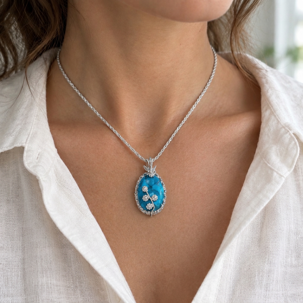 Turquoise daisy necklace with a finer chain, second revision