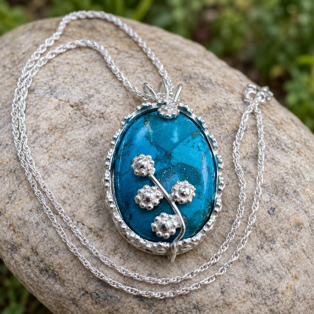 Turquoise daisy necklace with a finer chain, third revision
