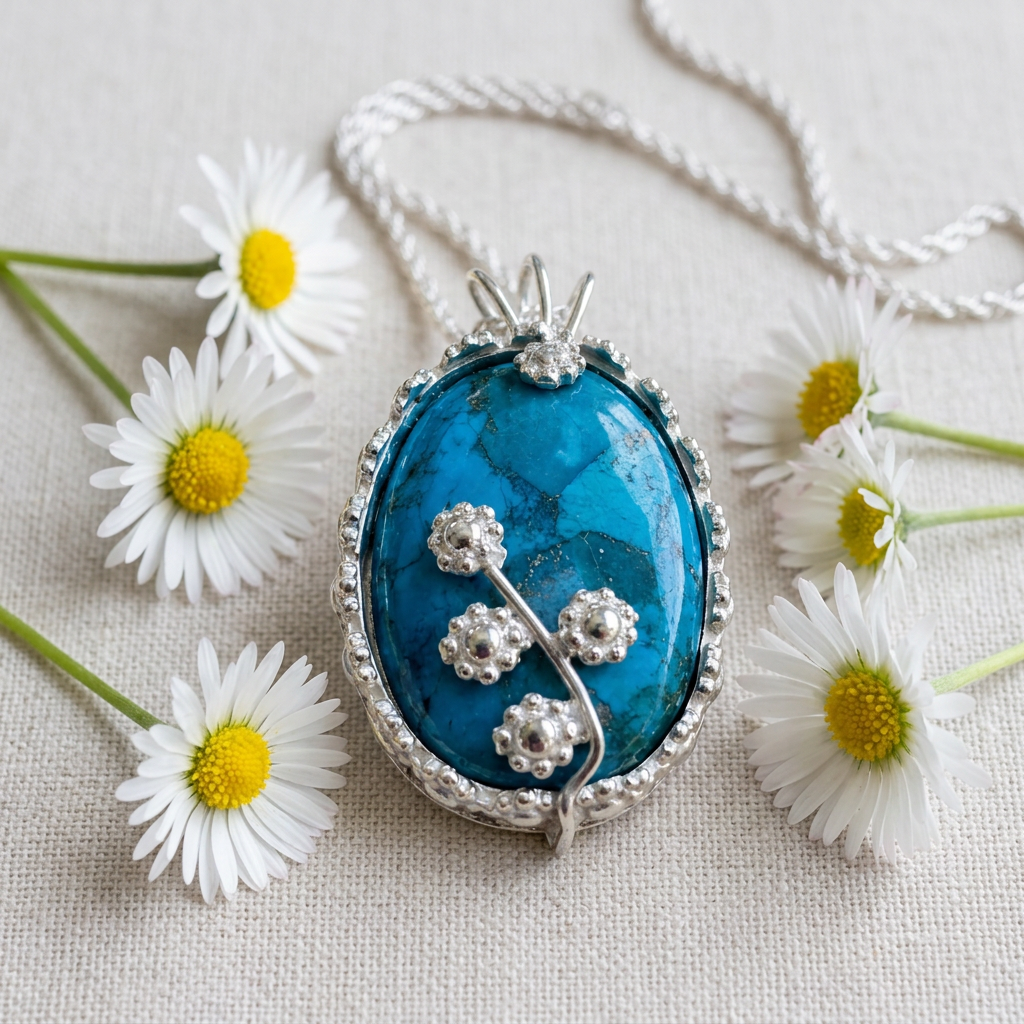 Turquoise silver daisy pendant lying beside fresh daisies
