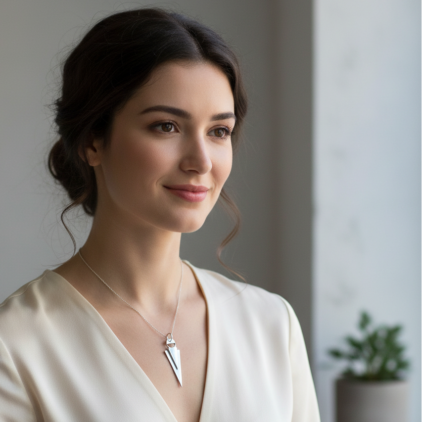 Woman wearing Arrowhead Sterling Silver Pendant