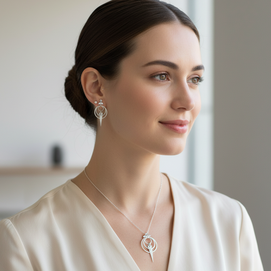 Woman wearing Avalon Earrings and Pendant set