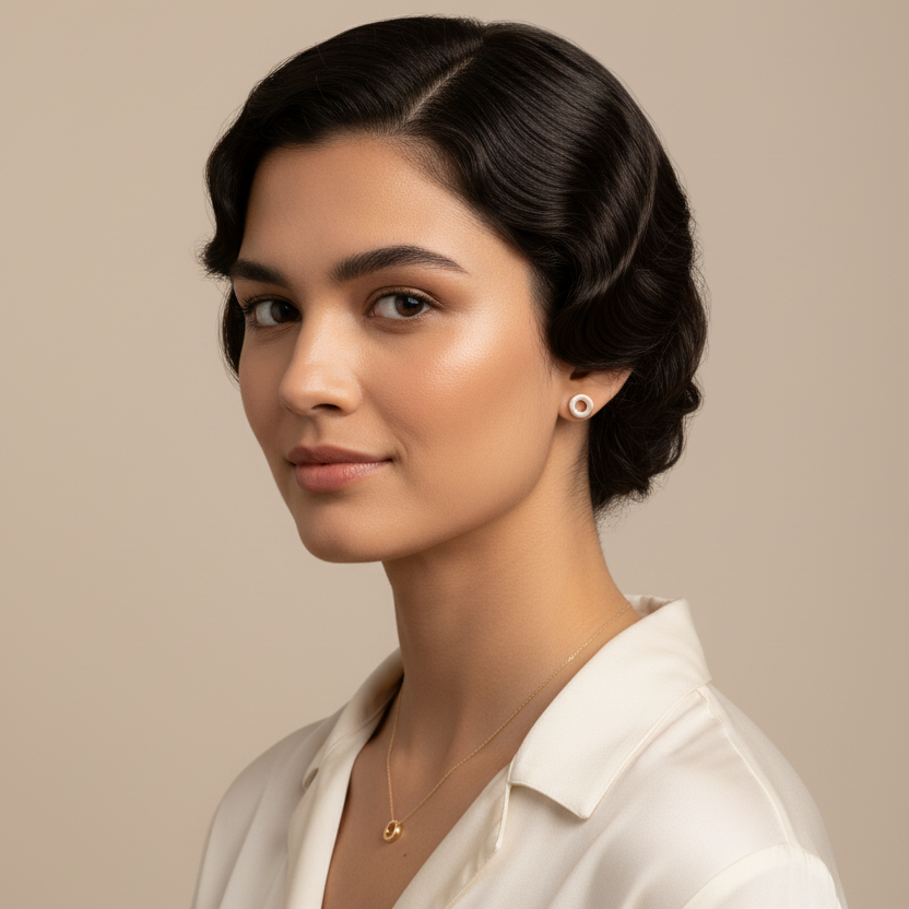 Woman wearing circular gold stud earrings and pendant