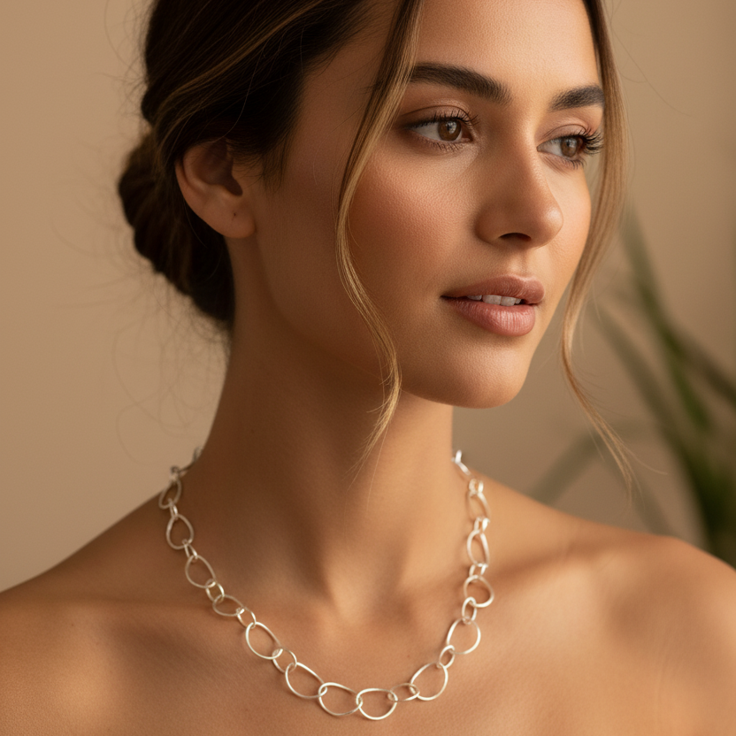 Woman wearing Curved Link Sterling Silver Chain Necklace