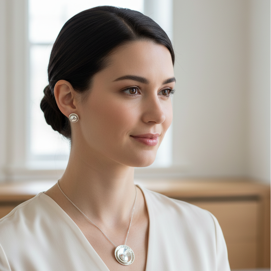 Woman wearing Eclipse Pendant and Eclipse Stud Earrings set