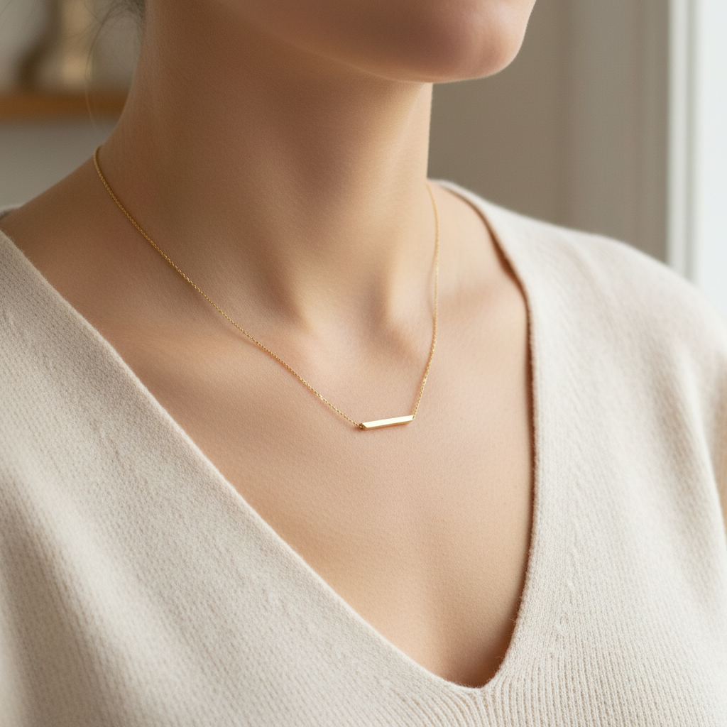 Woman wearing gold horizontal bar pendant close-up
