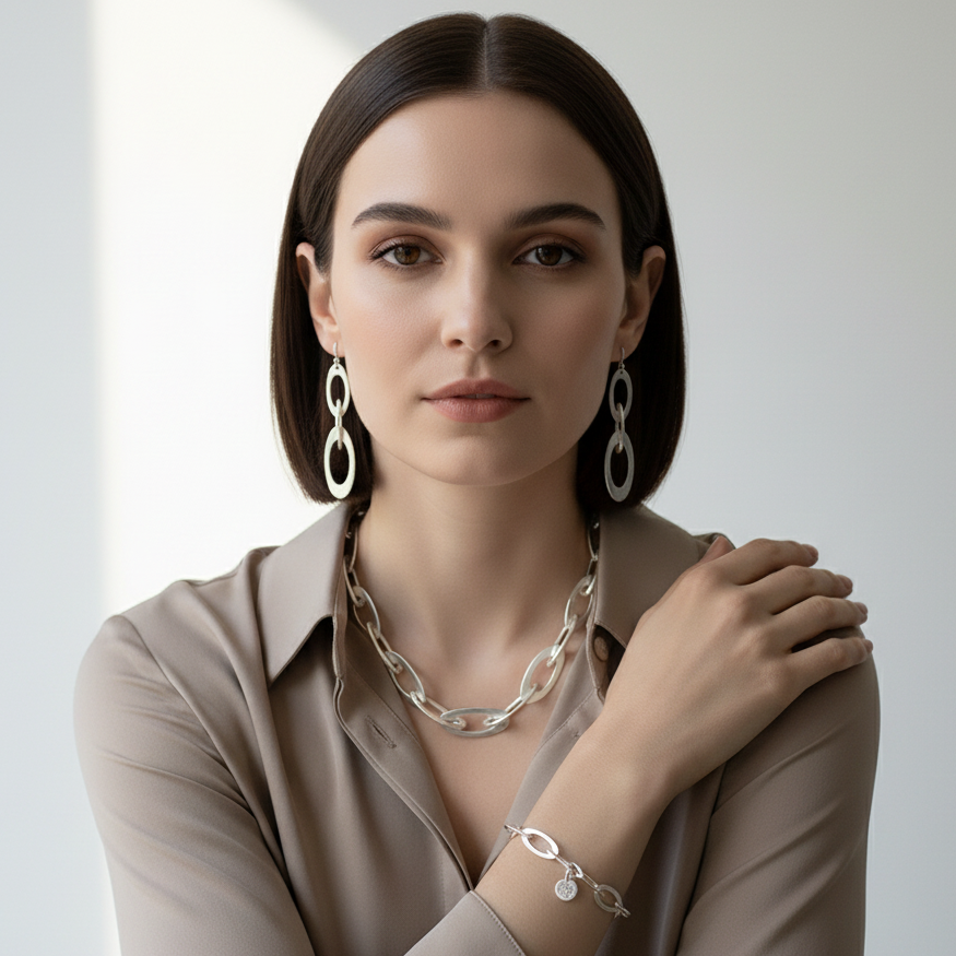 Woman wearing Oval Chain set with dangling earrings on ear hooks