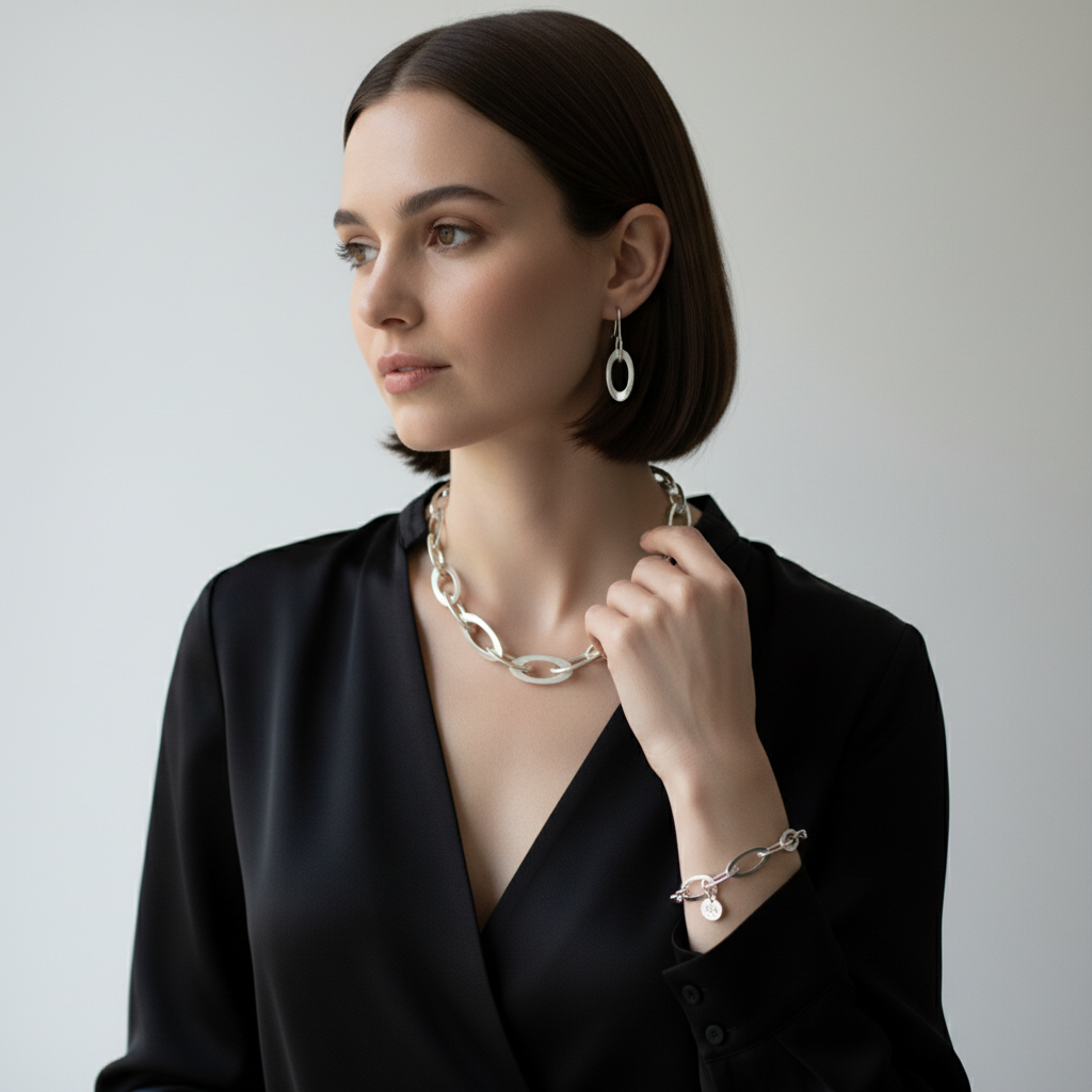 Woman wearing Oval Link Chain necklace, bracelet, and earrings set - square