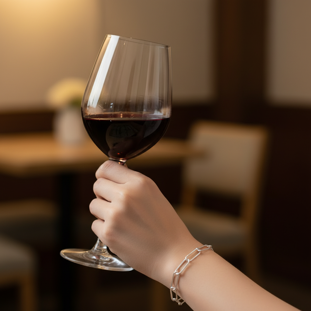 Woman wearing paperclip bracelet holding red wine