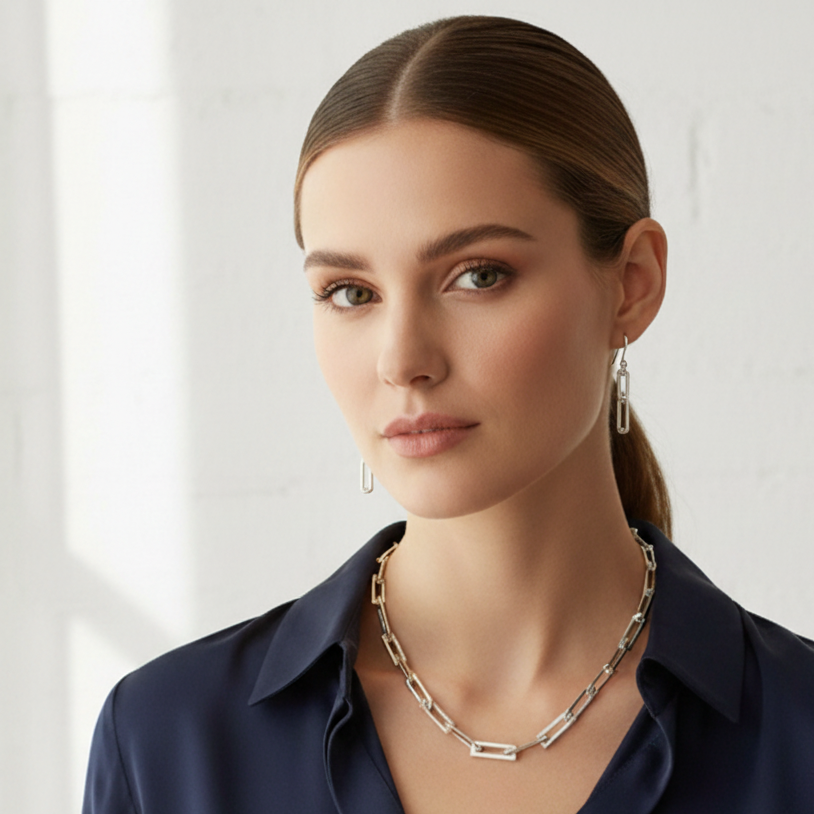 Woman wearing Rectangular Chain Link set with earrings on ear wires