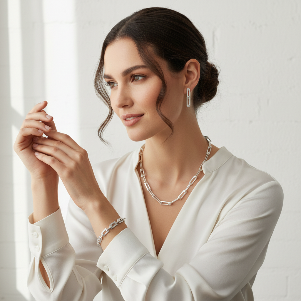 Woman wearing Rectangular Chain Link set with two-link earrings