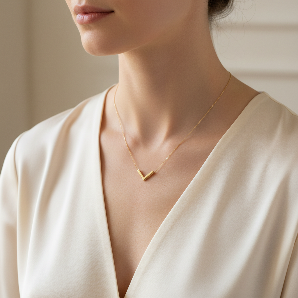 Woman wearing small gold chevron pendant