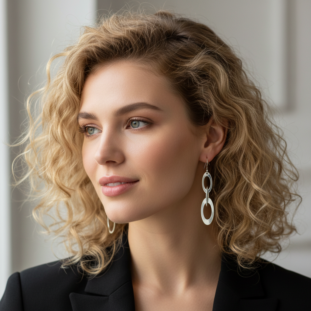 Woman with blonde curly hair wearing narrower Oval Chain Earrings on ear hooks