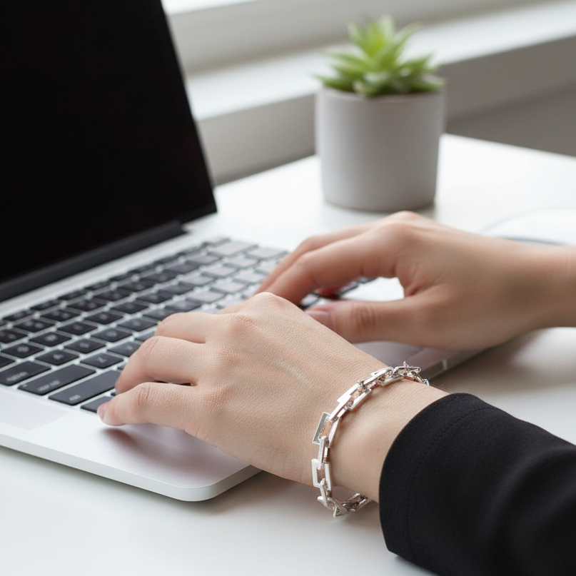 Woman's hands on keyboard wearing Chunky Rectangular Link Chain Bracelet - square