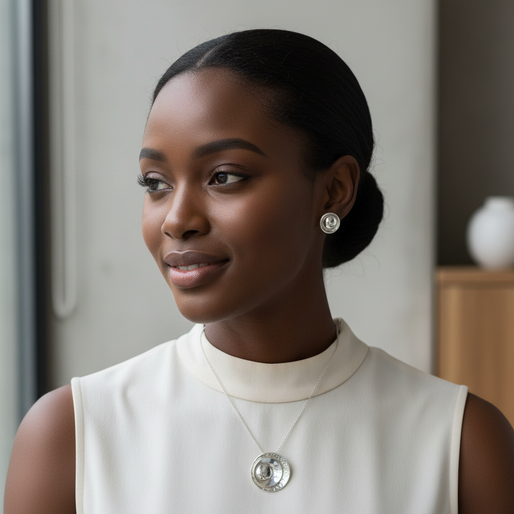 Young Black woman wearing Eclipse Stud Earrings and Pendant set