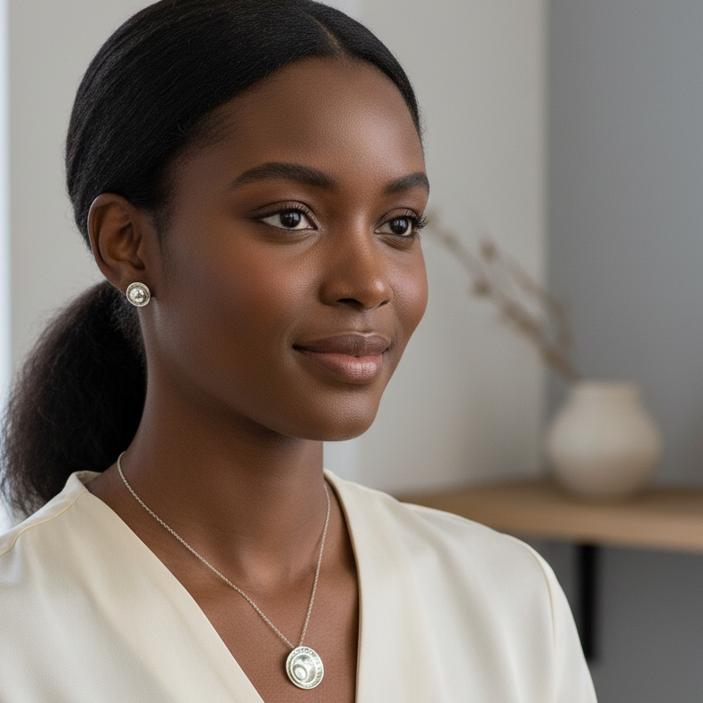 Young Black woman wearing smaller Eclipse Studs and Pendant