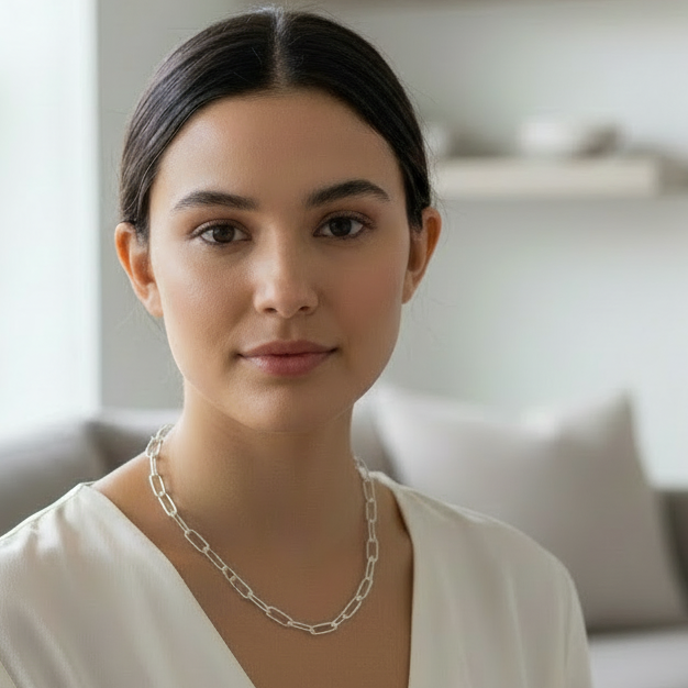 Young woman wearing silver paperclip chain necklace